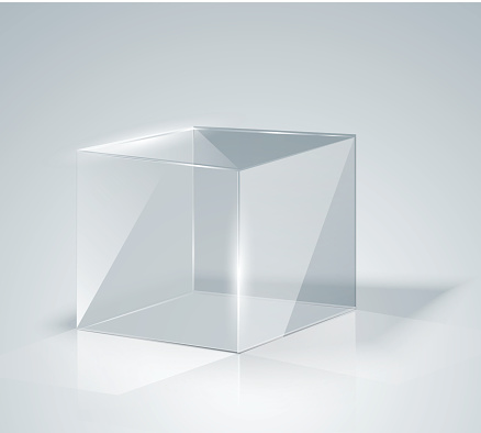 Glass Cube. Transparent Cube. Isolated. Template glass. Exhibition. Presentation of a new product. Realistic 3D design. Vector illustration