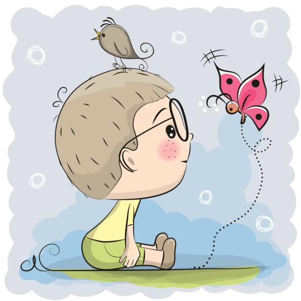 illustrazioni stock, clip art, cartoni animati e icone di tendenza di carino ragazzo dei cartoni animati - butterfly women humor fun