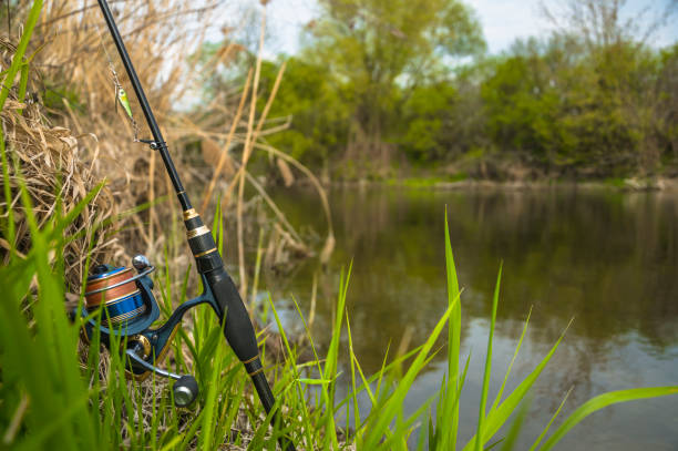 istock Fishing spinning rod with reel on the river background 696390220