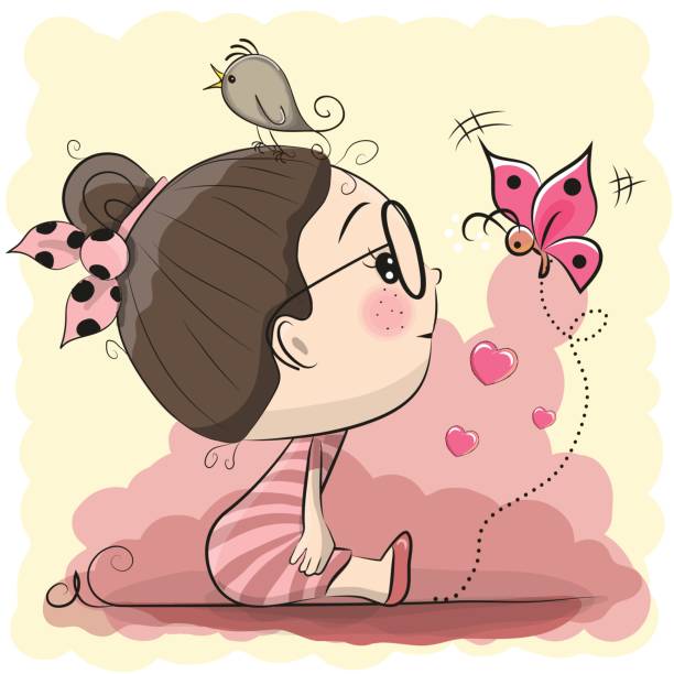 ilustrações de stock, clip art, desenhos animados e ícones de cute cartoon girl with bird and butterfly - butterfly single flower vector illustration and painting