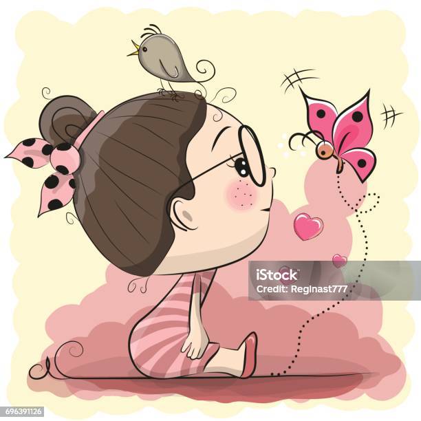 Cute Cartoon Girl With Bird And Butterfly Stock Illustration - Download Image Now - Hair, Tied Bow, Animal