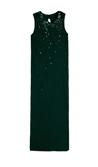 long elegant green jersey dress with silver and green sequins, isolated on white background