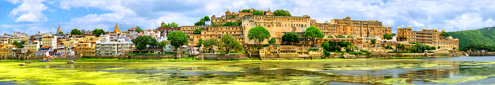 Panoramic view of Udaipur city with Maharajah Palace and lake Pichola, India