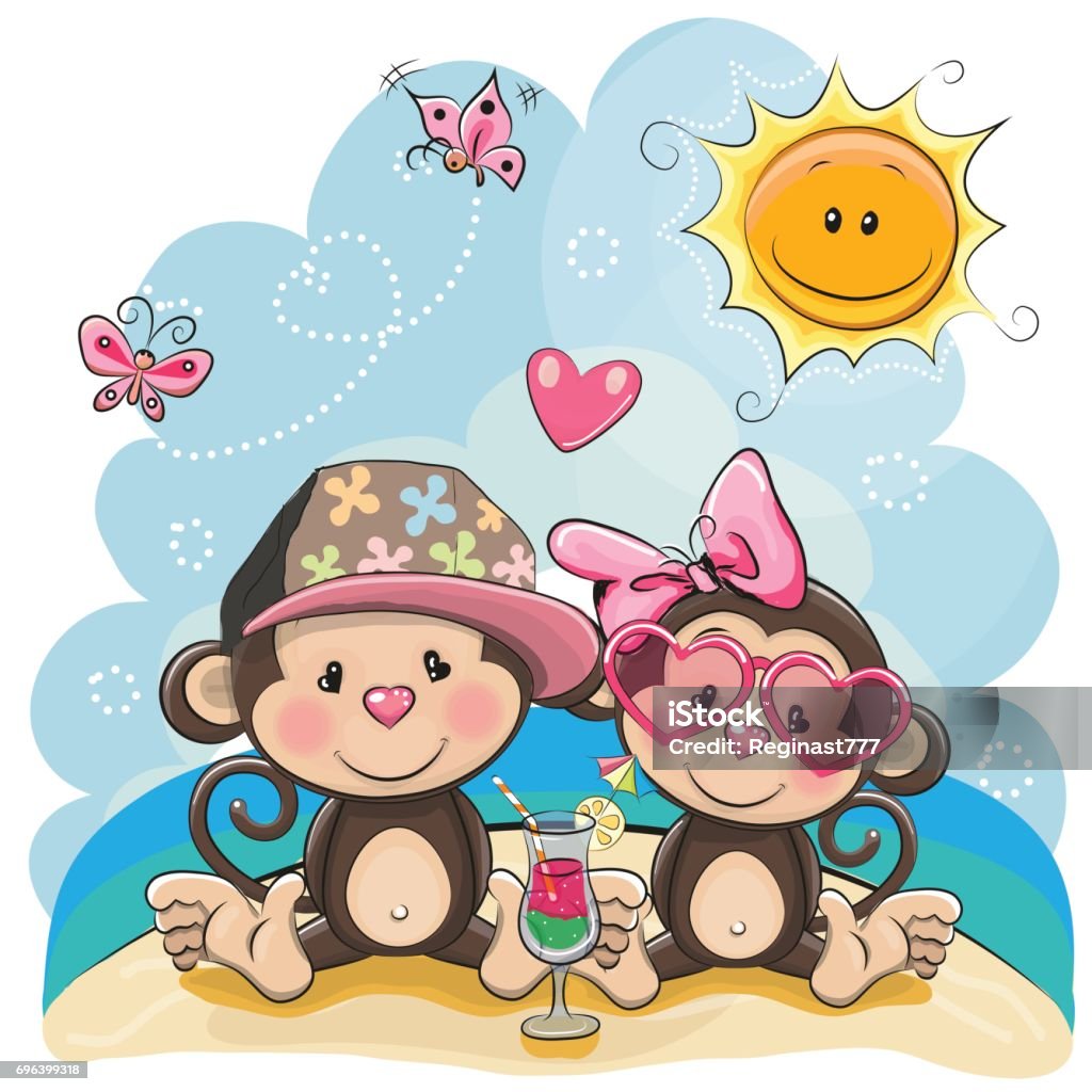 Two Monkeys On The Beach Stock Illustration - Download Image Now - Girls,  Monkey, Animal - iStock