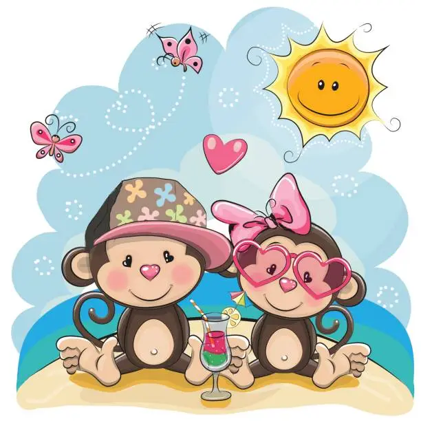 Vector illustration of Two Monkeys on the beach