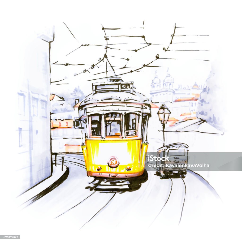 Yellow 28 tram in Alfama, Lisbon, Portugal - Royalty-free Lisboa Ilustração de stock