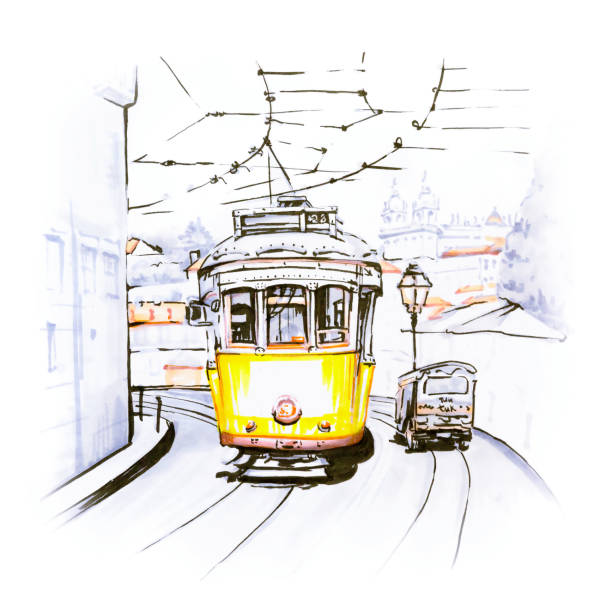 ilustrações de stock, clip art, desenhos animados e ícones de yellow 28 tram in alfama, lisbon, portugal - lisbon square landscape