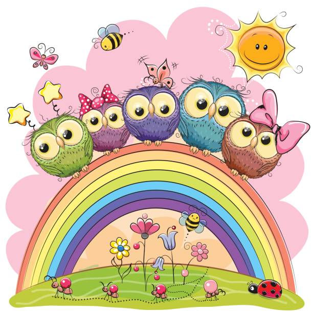 illustrazioni stock, clip art, cartoni animati e icone di tendenza di cinque gufi sull'arcobaleno - rainbow flower meadow nature