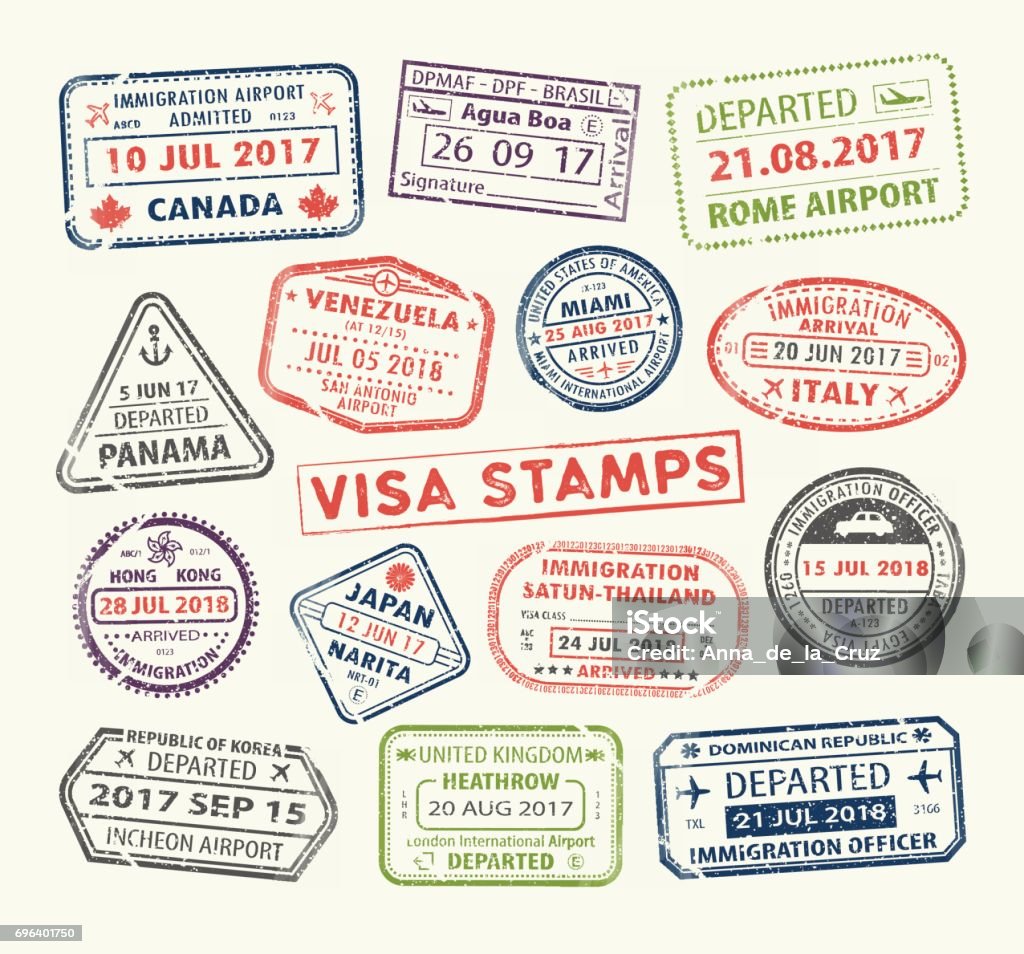Visa passport stamp Isolated set of visa passport stamp for travel to Canada or USA, Uk or China, Venezuela or Dominican republic, Japan or Egypt, Korea or Brasil, Italy or Tailand. Tourism icon. Airport sign. Vector. Rubber Stamp stock vector