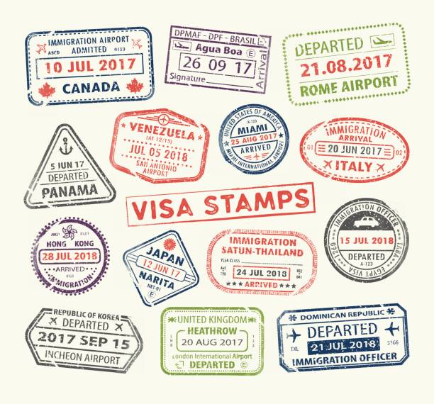 Visa passport stamp Isolated set of visa passport stamp for travel to Canada or USA, Uk or China, Venezuela or Dominican republic, Japan or Egypt, Korea or Brasil, Italy or Tailand. Tourism icon. Airport sign. Vector. satun province stock illustrations