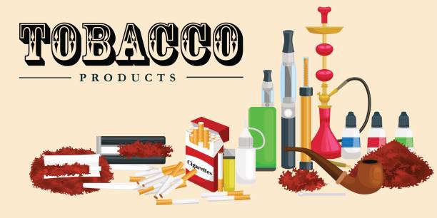 Smoking tobacco products icons set with cigarettes hookah cigars lighter isolated vector illustration Smoking tobacco decorative icons set with cigarettes hookah cigars alcohol lighter on brown background isolated vector illustration chewing tobacco stock illustrations