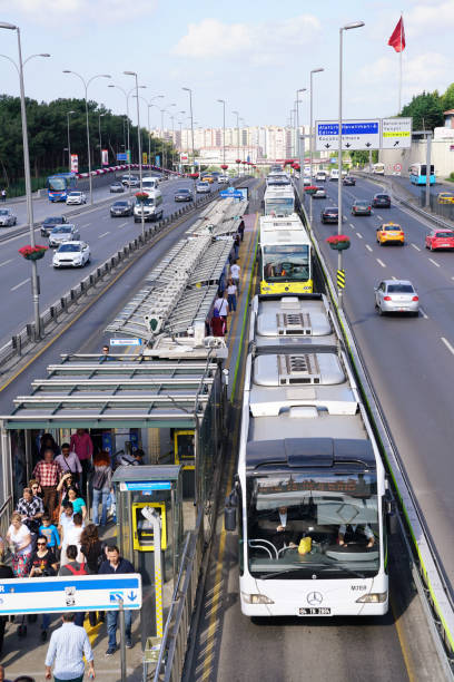 Istanbul,Turkey-June 12,2017:Metrobus station in Bahcelievler District.Metrobus on the move in Istanbul traffic