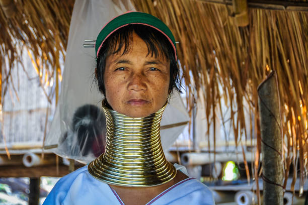 Long Neck Woman in a tribe near Chiang Mai, Thailand stock photo