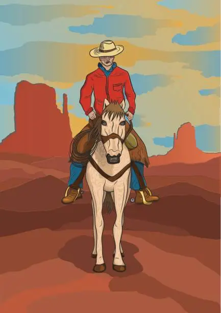 Vector illustration of Cowboy riding horse thru the desert