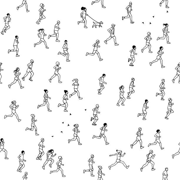 nahtlose muster aus winzigen marathonläufer - rennen körperliche aktivität stock-grafiken, -clipart, -cartoons und -symbole