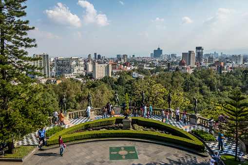 Mexico City, Mexico - Oct 2016: Chapultepec Castle Terrace Gardens View with city skyline  - Mexico City, Mexico