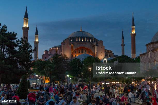 People Are Eating Iftar During Ramadan In Hagia Sophia Square Hagia Sophia District Is The Most Popular Place For Ramadan Activities In Istanbul Stock Photo - Download Image Now