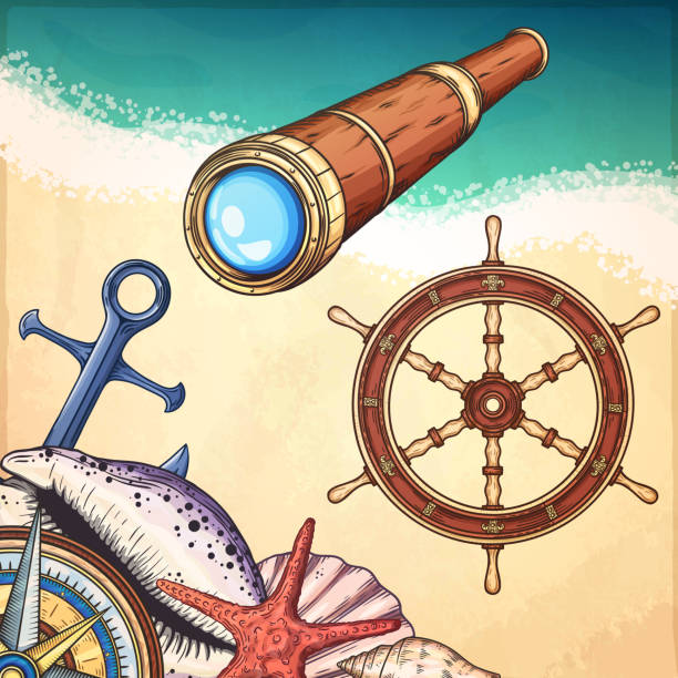 손으로 그린된 빈티지 망원경 - nautical chart drawing compass map old stock illustrations