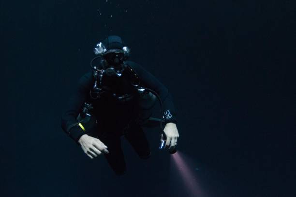 istock Solo Diver with Flashlight Descending in Cenotes 696426758