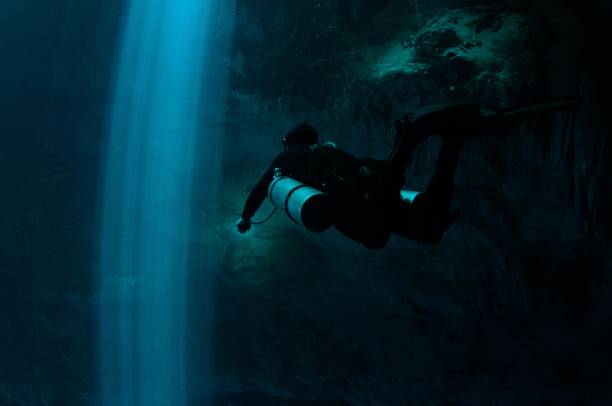 istock solo tech diver going through laser beams of light in the pit series 1 696427562