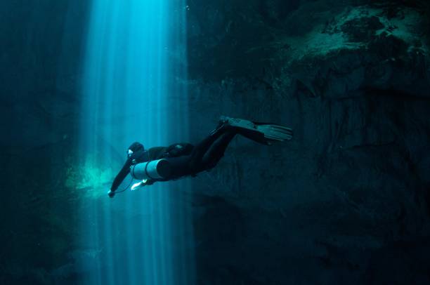 istock solo tech diver going through laser beams of light in the pit series 3 696427602