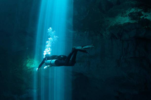 istock solo tech diver going through laser beams of light in the pit series 4 696427612