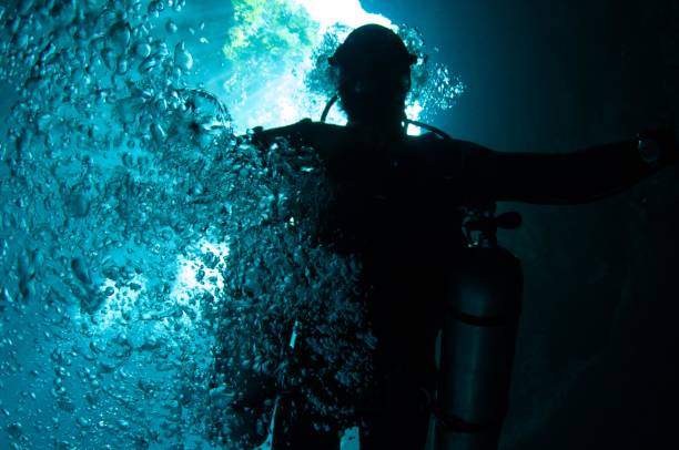 istock view silhouette from below of diver with bubbles 696427732