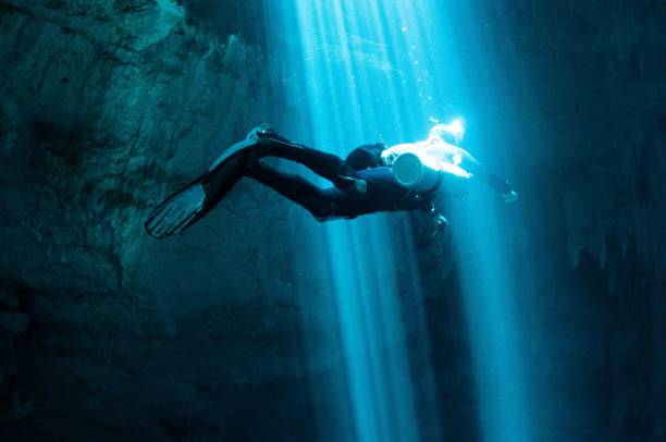 istock solo tech diver going through laser beams of light in the pit 7 696427770