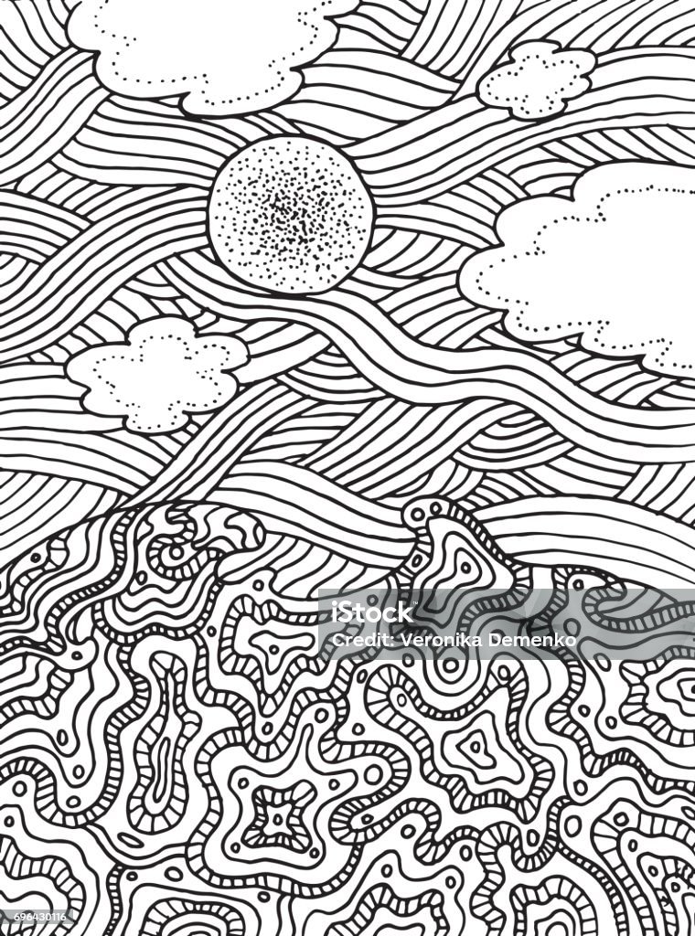 Summer sea and sky with clouds and sun. Vector hand drawn line art for coloring page or book for adults and children. Doodle  illustration. Adult stock vector