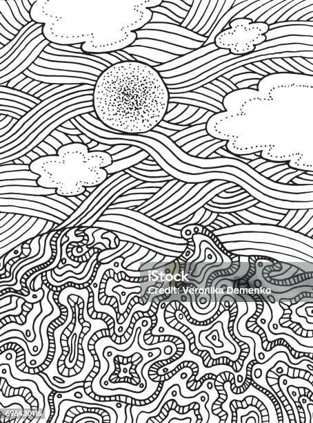 Summer Sea And Sky With Clouds And Sun Vector Hand Drawn Line Art For Coloring Page Or Book For Adults And Children Doodle Illustration Stock Illustration - Download Image Now