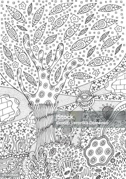 Coloring Page With Surreal Landscape Tree Flower And Sky Vector Illustration For Adults Or Kids Zendoodle Vector Art Doodle Cartoon Fairy Tales Graphic Art Stock Illustration - Download Image Now