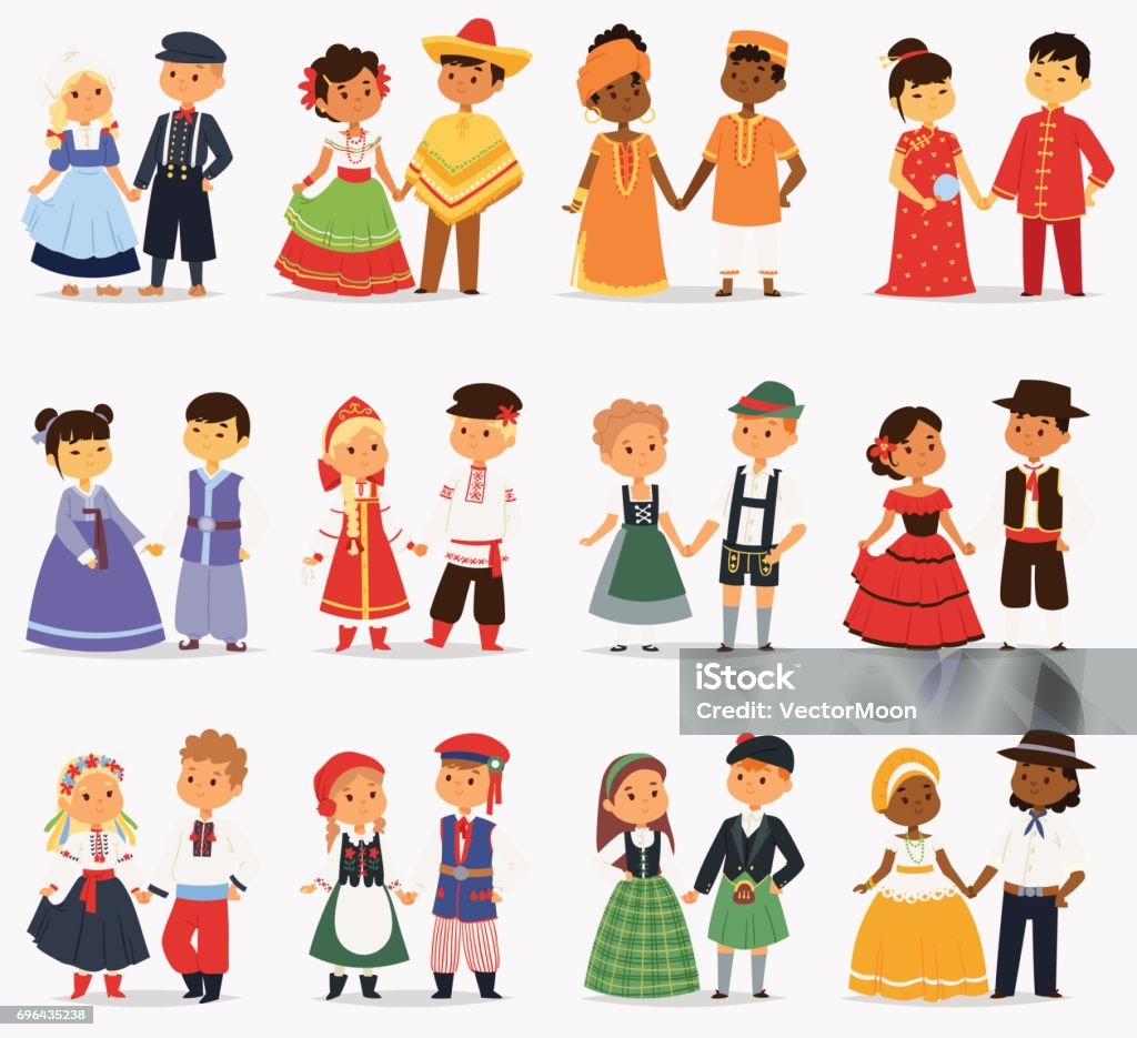 Lttle Kinder Kinder Paare Charakter der Welt Kleid Mädchen und jungen in verschiedenen traditionellen Trachten und niedlichen Nationalität Kleid Vektor-illustration - Lizenzfrei Kind Vektorgrafik