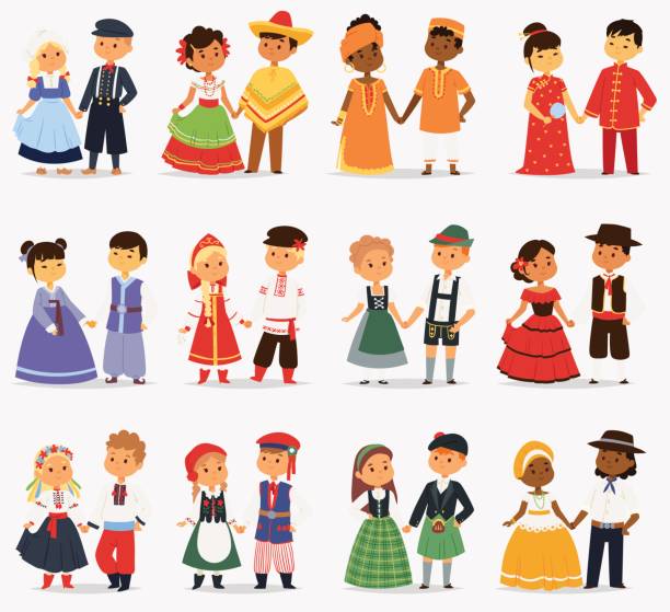 Lttle kids children couples character of world dress girls and boys in different traditional national costumes and cute nationality dress vector illustration Lttle kids children couples character of world dress girls and boys in different traditional national costumes and cute nationality dress vector illustration. Cultural friendship child ethnic group. mexico people stock illustrations