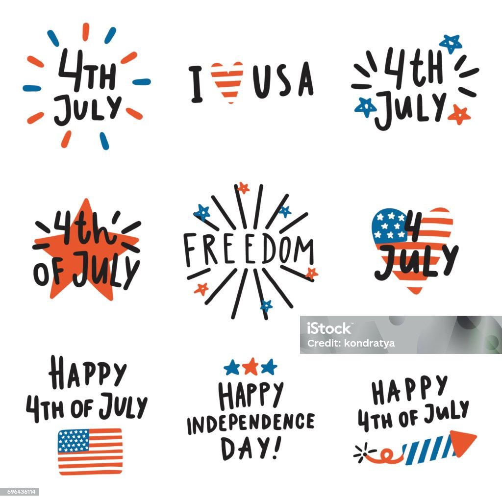 Set of Fourth July badges. Set of Fourth July badges. Vector hand drawn text and symbols. Can be used for Independence Day decoration Circa 4th Century stock vector