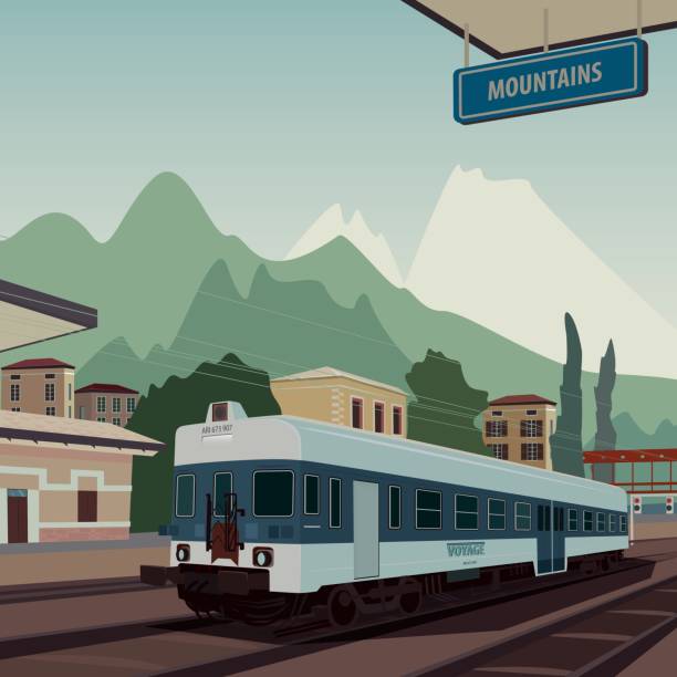 ilustraciones, imágenes clip art, dibujos animados e iconos de stock de antiguo tren en la estación de la ciudad europea - non urban scene railroad track station day