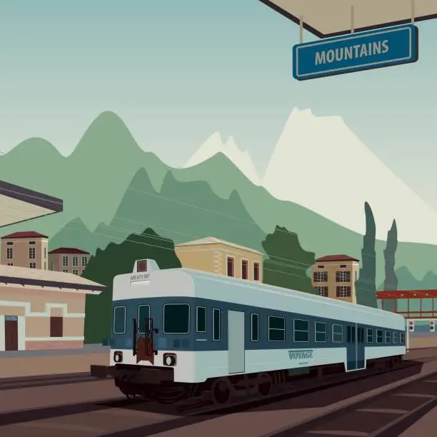 Vector illustration of Old train at railway station of European town