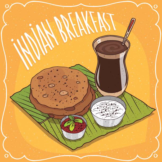 Indian breakfast round flatbread and masala chai Traditional breakfast, food of Indian cuisine, round flatbread with spicy sauce and curd cheese, on banana leaf plate and masala chai tea. Hand drawn comic style plateau drawing stock illustrations