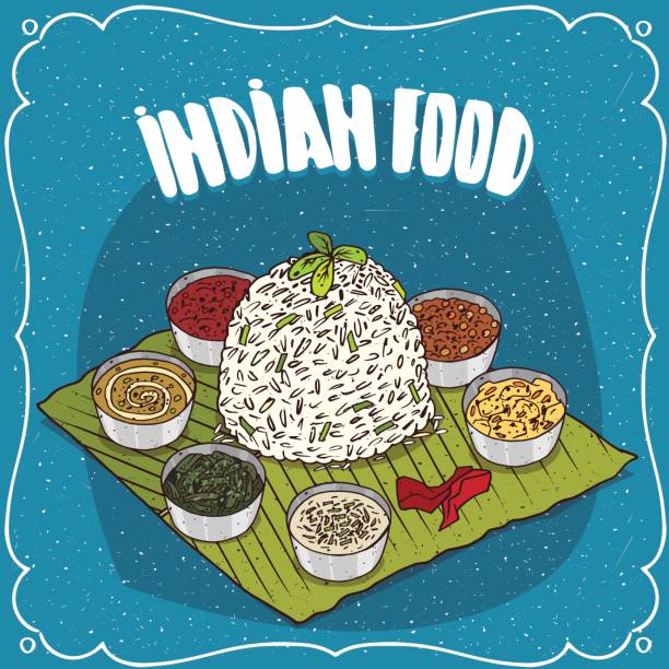 illustrazioni stock, clip art, cartoni animati e icone di tendenza di piatto tradizionale indiano thali dal riso - repast