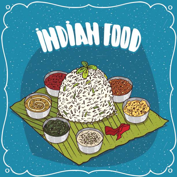 Traditional Indian dish Thali from rice Traditional food, dish of Indian cuisine, known as Thali, serving white rice with seasoning different sauces like chutney, on banana leaf plate. Hand drawn comic style plateau drawing stock illustrations