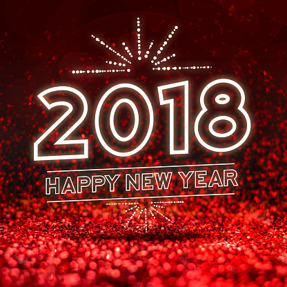 happy new year 2018  on Abstract red glitter studio perspective background,Holiday seasonal greeting card.