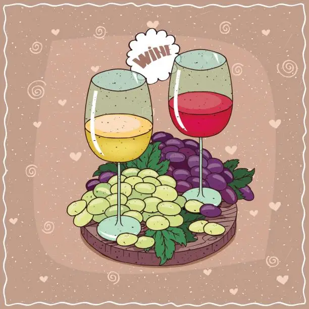 Vector illustration of Composition with red and white wine with grapes