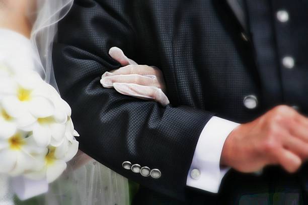 Bride and groom wearing wedding rings
