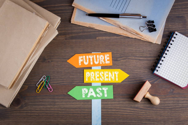 istock Future, present, past concept. Paper signpost on a wooden desk 696445488