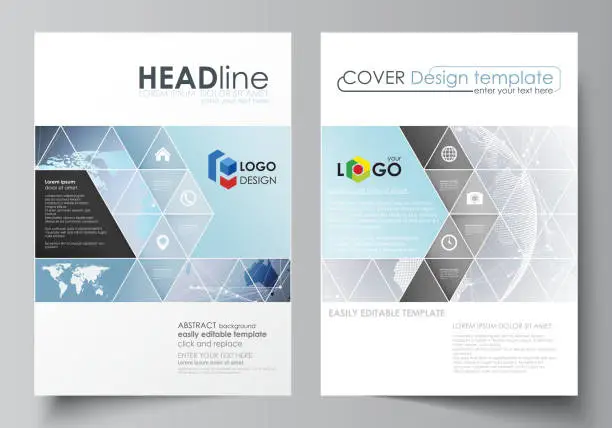 Vector illustration of The vector illustration of the editable layout of two A4 format covers with triangles design templates for brochure, flyer, booklet. Technology concept. Molecule structure, connecting background