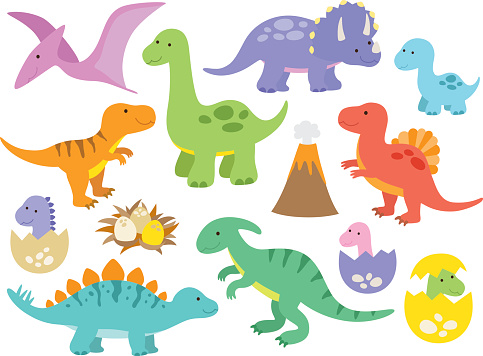 Vector illustration of dinosaurs including Stegosaurus, Brontosaurus, Velociraptor, Triceratops, Tyrannosaurus rex, Spinosaurus, and Pterosaurs.