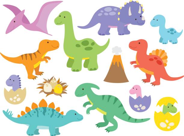 Cute Dinosaurs Vector illustration of dinosaurs including Stegosaurus, Brontosaurus, Velociraptor, Triceratops, Tyrannosaurus rex, Spinosaurus, and Pterosaurs. dinosaur stock illustrations