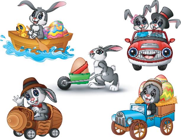 satz von kaninchen cartoon fahren des fahrzeugs - 2841 stock-grafiken, -clipart, -cartoons und -symbole
