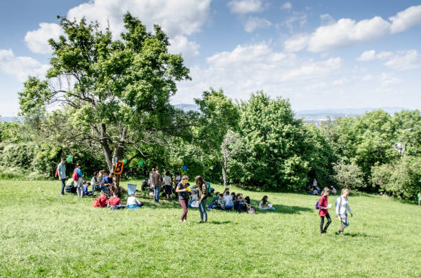 gruppo di adolescenti sul monte gellert che gioca una caccia al tesoro durante il giorno d'estate - scavenger hunt foto e immagini stock