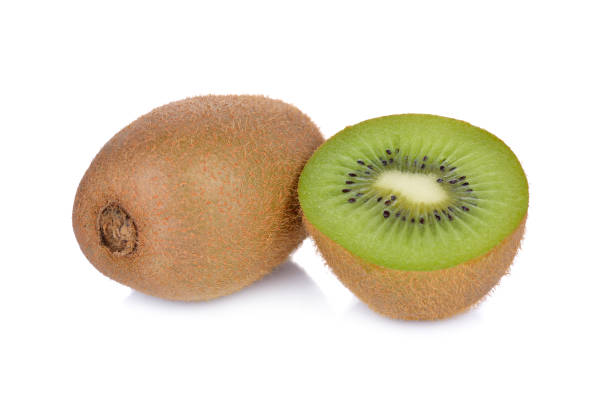 istock whole and half cut ripe green kiwi on white background 696460502