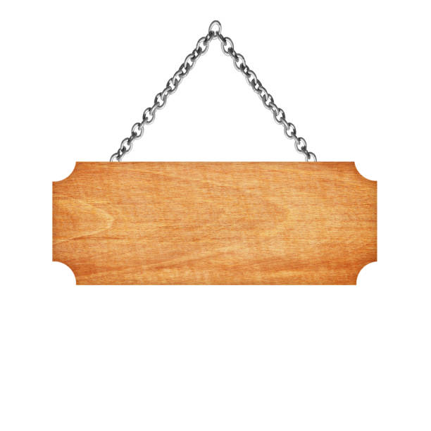 istock Wooden sign hanging on a chain isolated on white  background 696463808